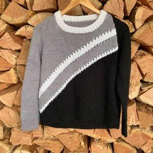Handmade 90's‎ Diagonal Colorblock Chunky Knit Sweater Grey Black White Crewneck